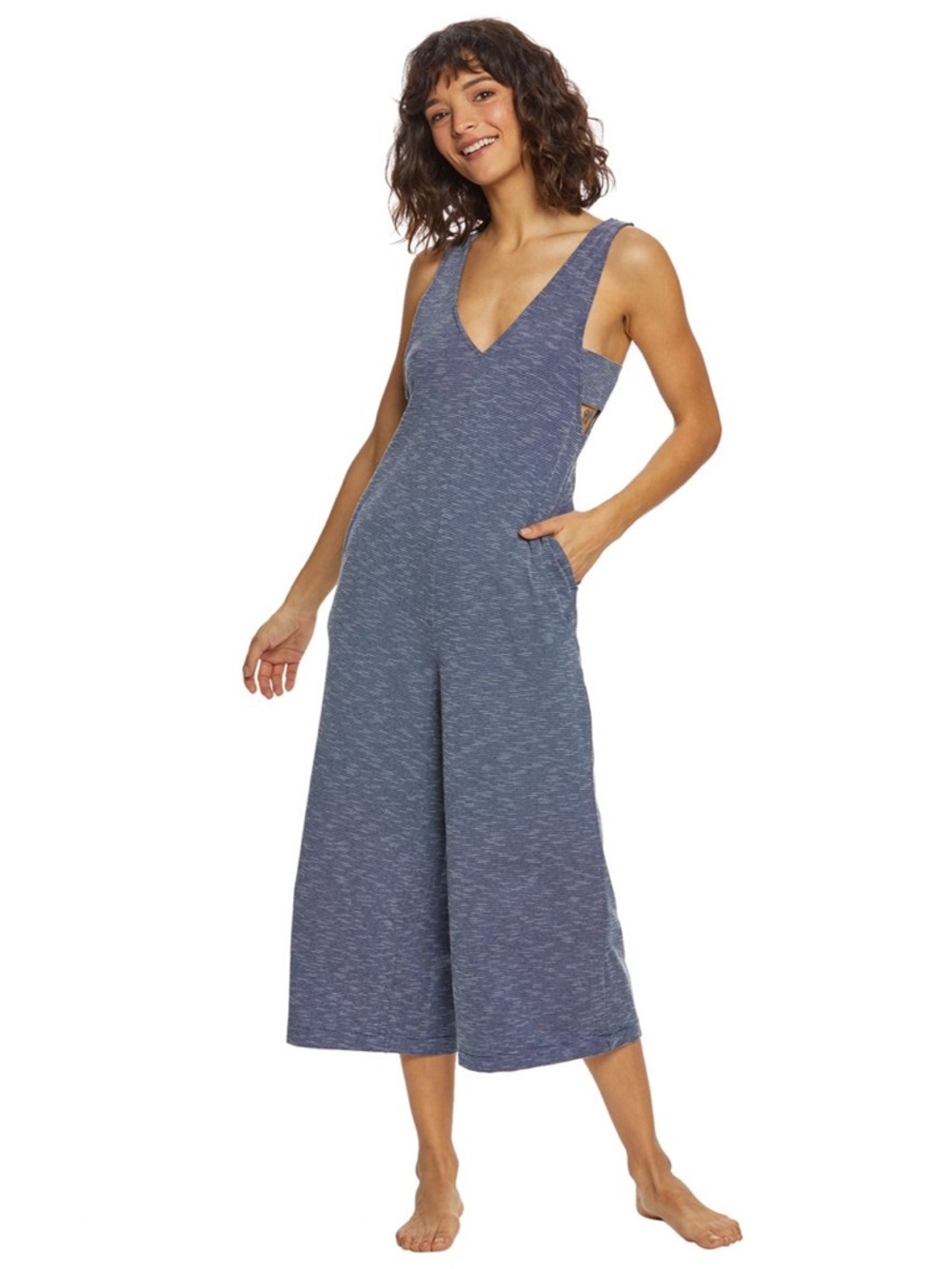 manduka Heather Navy V-Neck Wide-Leg Jumpsuit